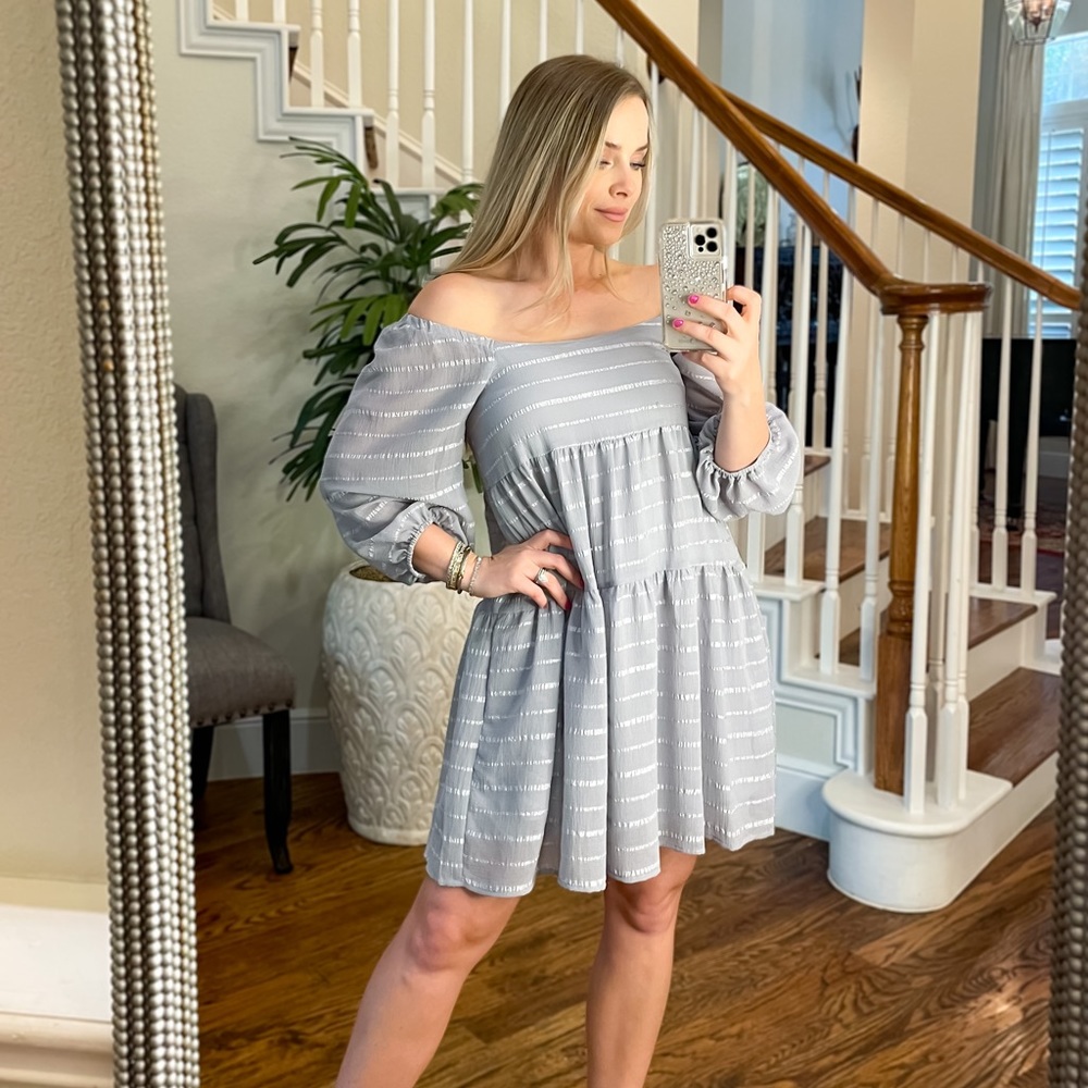 Silver and Grey Tiered Mini Dress- Wedding Guest, off the shoulder, floral
